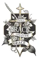 Grace name in banner, Cross in Nature tattoo design idea