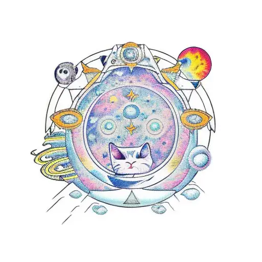 psychonaut touching a celestial map with an ace ventura shoulder patch and a tabby cat with space helmet named buu tattoo design idea