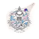 psychonaut touching a celestial map with an ace ventura shoulder patch and a tabby cat with space helmet named buu tattoo design idea