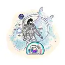 psychonaut touching a celestial map with an ace ventura shoulder patch and a tabby cat with space helmet named buu tattoo design idea