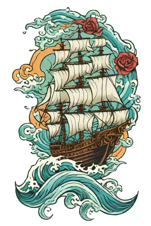 wavy sea have ship sailing tattoo design idea