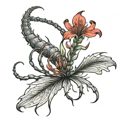 centipede wrapped around red spider lily flower tattoo design idea