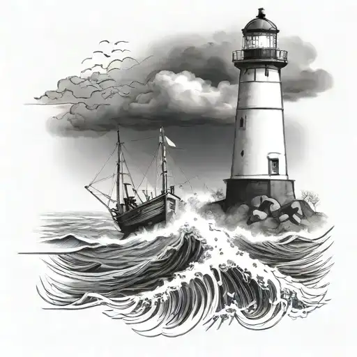 a fishing boat in a storm. With a lighthouse in thé background  tattoo design idea