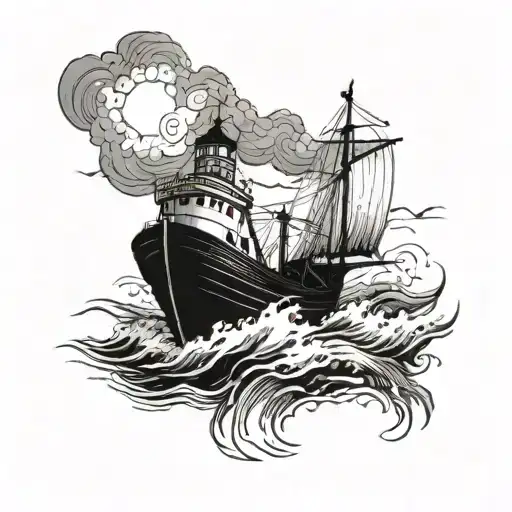 an old fishing boat in a storm. With a lighthouse in the background  tattoo design idea
