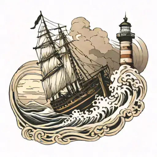 an old fishing boat in a storm. With a lighthouse in the background  tattoo design idea
