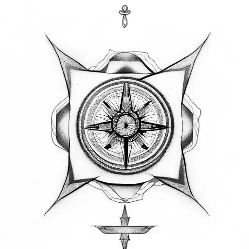 Generate tattoo designs in fineline style looking like a illustration of a greek god, compass, and roses tattoo design idea