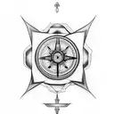 Generate tattoo designs in fineline style looking like a illustration of a greek god, compass, and roses tattoo design idea