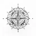 Generate tattoo designs in fineline style looking like a illustration of a greek god, compass, and roses tattoo design idea