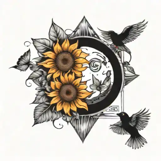 sphere and birds and sun and flowers and sadness  tattoo design idea