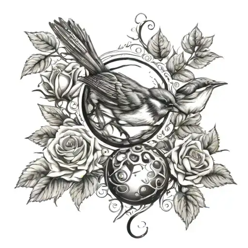 sphere and robin and sun and roses and   tattoo design idea