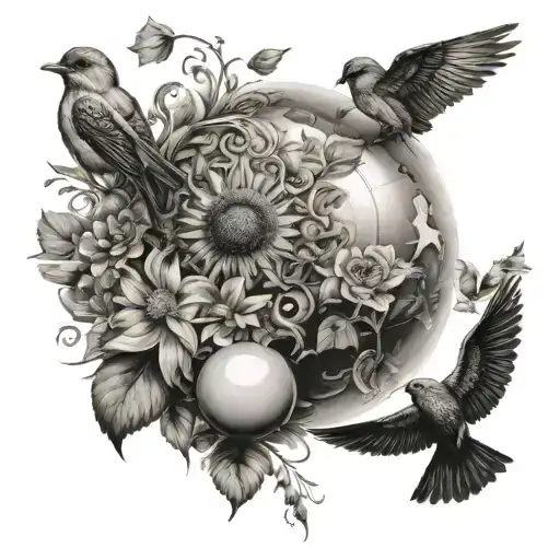 sphere and birds and sun and flowers and sadness  tattoo design idea