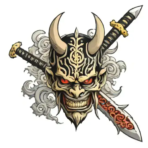 oni mask cross sword skull wearing tattoo design idea