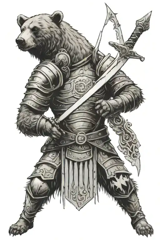 a bear, waist-deep in plate armor, with a two-handed sword on his back, stands calmly tattoo design idea