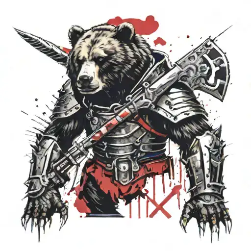 a bear in armor with a hammer calmly looks straight at you tattoo design idea