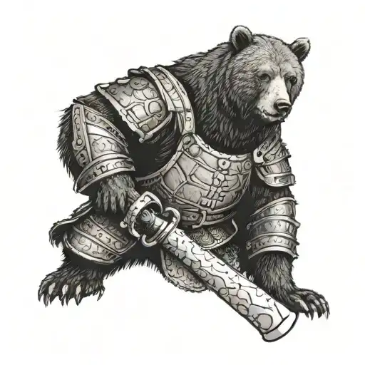 a bear in plate armor with a hammer in its paws calmly looks straight at you tattoo design idea