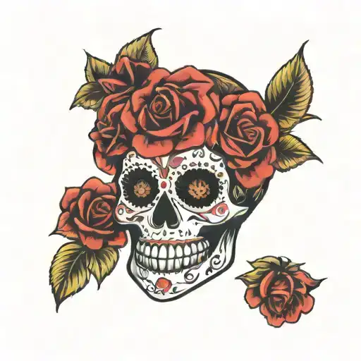 day of the dead sugar skull with flowers for eyes  tattoo design idea