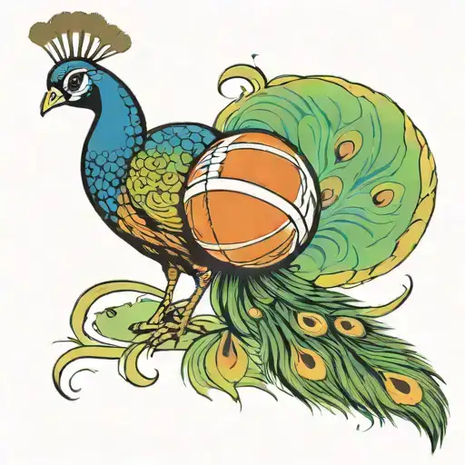 A peacock with a basketball and baseball in its feathers tattoo design idea
