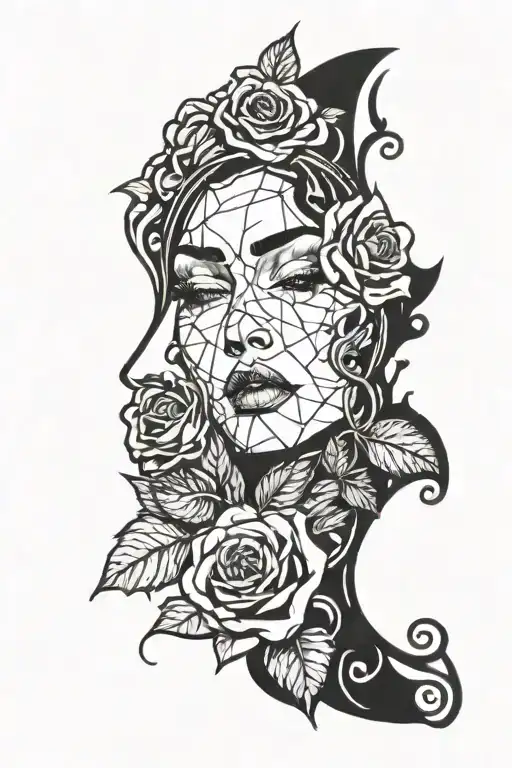 a woman face and roses through a broken mirror reflecting tattoo design idea