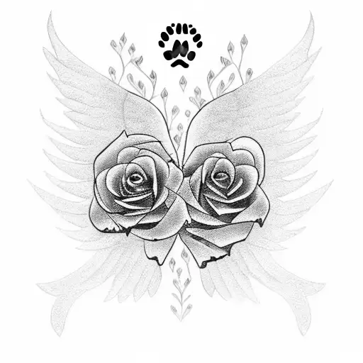 Paw Print with roses and wings tattoo design idea