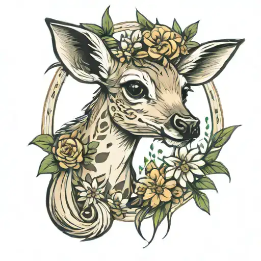 fawn eating grass with joy in her large eyes looking slightly left surrounded by a picture frame  accented with flowers tattoo design idea