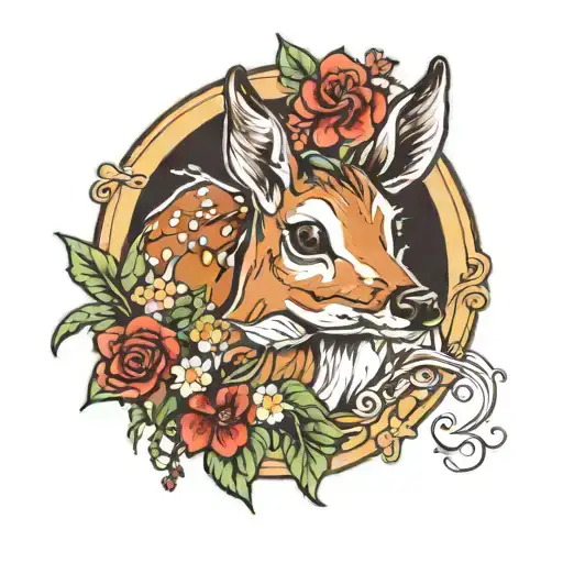fawn eating grass with joy in her eyes surrounded by picture frame accented with flowers  tattoo design idea