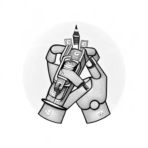 A robotic hand holding a pencil, coding lines of a video game character tattoo design idea