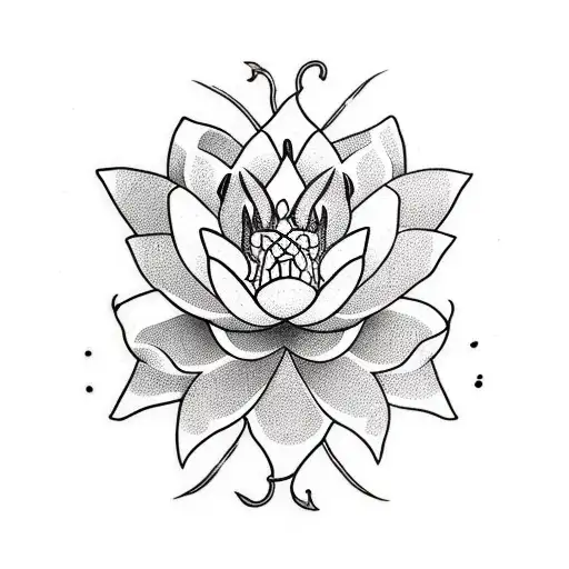 a lotus flower' surrounded by a python snake with a couple of japanese red lillies flowers tattoo design idea