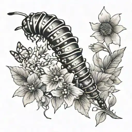 caterpillar metamorphosis and wild flowers growing tattoo design idea