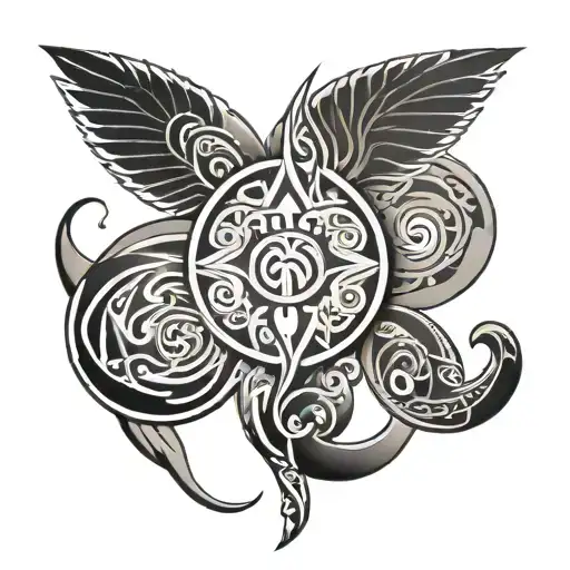 A black-grey tattoo of a maori-inspired Virgin sign symbol with musical elements intertwined in the design tattoo design idea
