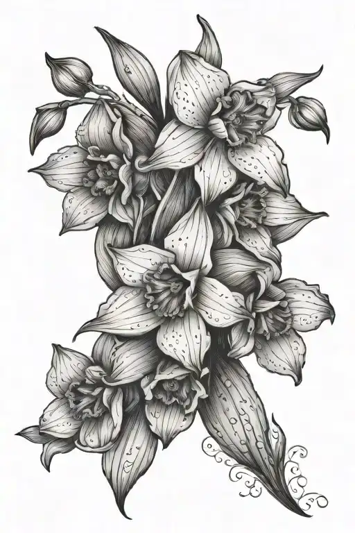daffodil, larkspur and poppy flower bouquet tattoo design idea
