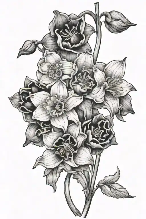 daffodil, larkspur and poppy flower bouquet tattoo design idea