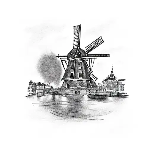 Amsterdam canal with a windmill and red light district tattoo design idea