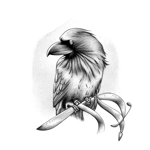 A raven perched on a crochet hook, with music notes flowing from its beak tattoo design idea