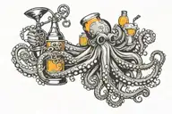 Design a realistic looking octopus holding cocktail shaker tins, bar spoons, bottles mixing drinks tattoo design idea