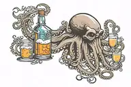 Design a realistic looking octopus holding cocktail shaker tins, bar spoons, bottles mixing drinks tattoo design idea