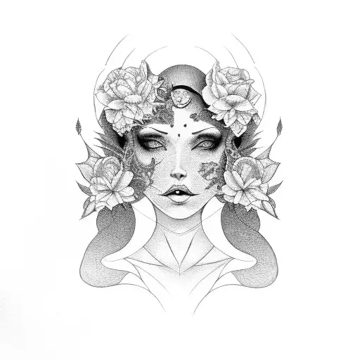 nude goth woman with sleeve tattoos, repsenting darkness with flowers going all around the woman tattoo design idea