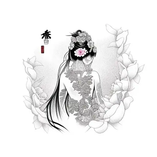 nude goth woman with flowers behind her tattoo design idea