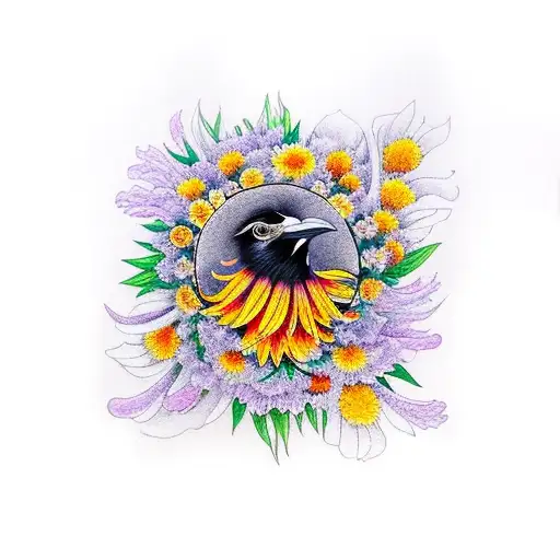 crow with white eye in the middle of chrysanthemum, calendula, iris, dahlia, tulip, sunflower, lavander tattoo design idea