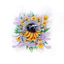 crow with white eye in the middle of chrysanthemum, calendula, iris, dahlia, tulip, sunflower, lavander tattoo design idea