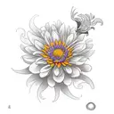 crow with white eye in the middle of chrysanthemum, calendula, iris, dahlia, tulip, sunflower, lavander tattoo design idea
