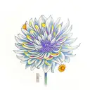 crow with white eye in the middle of chrysanthemum, calendula, iris, dahlia, tulip, sunflower, lavander tattoo design idea