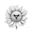 crow with white eye sorrouded by flowers: chrysanthemum, calendula, iris, dahlia, tulip, sunflower, lavander tattoo design idea