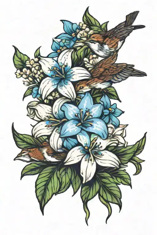 forget me not flowers, sparrows flying, white lilies, and rose  tattoo design idea