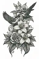 forget me not flowers, sparrows flying, white lilies, and rose  tattoo design idea