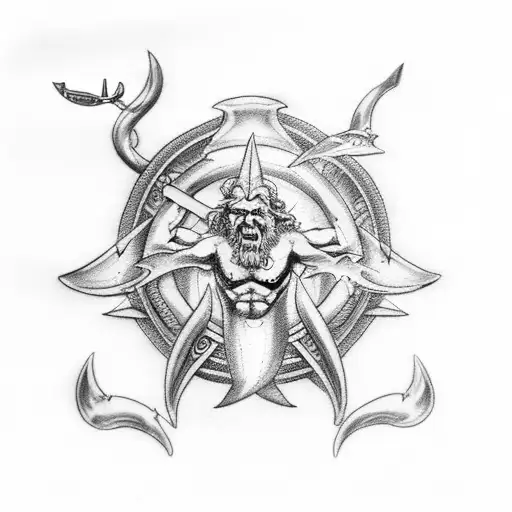 half sleeve, poseidon holding trident, shark, ocean, tattoo design idea