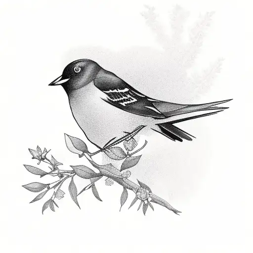 sillouette of blackbird on branch with three small pink and white flowers on the branch. in the style of a tattoo tattoo design idea