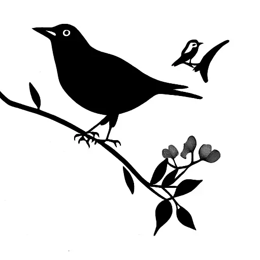 sillouette of blackbird on branch with three small pink and white flowers on the branch. in the style of a tattoo tattoo design idea