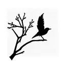 sillouette of blackbird on branch with three small pink and white flowers on the branch. in the style of a tattoo tattoo design idea