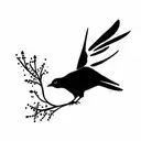 sillouette of blackbird on branch with three small pink and white flowers on the branch. in the style of a tattoo tattoo design idea