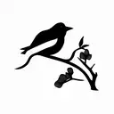 sillouette of blackbird on branch with three small pink and white flowers on the branch. in the style of a tattoo tattoo design idea